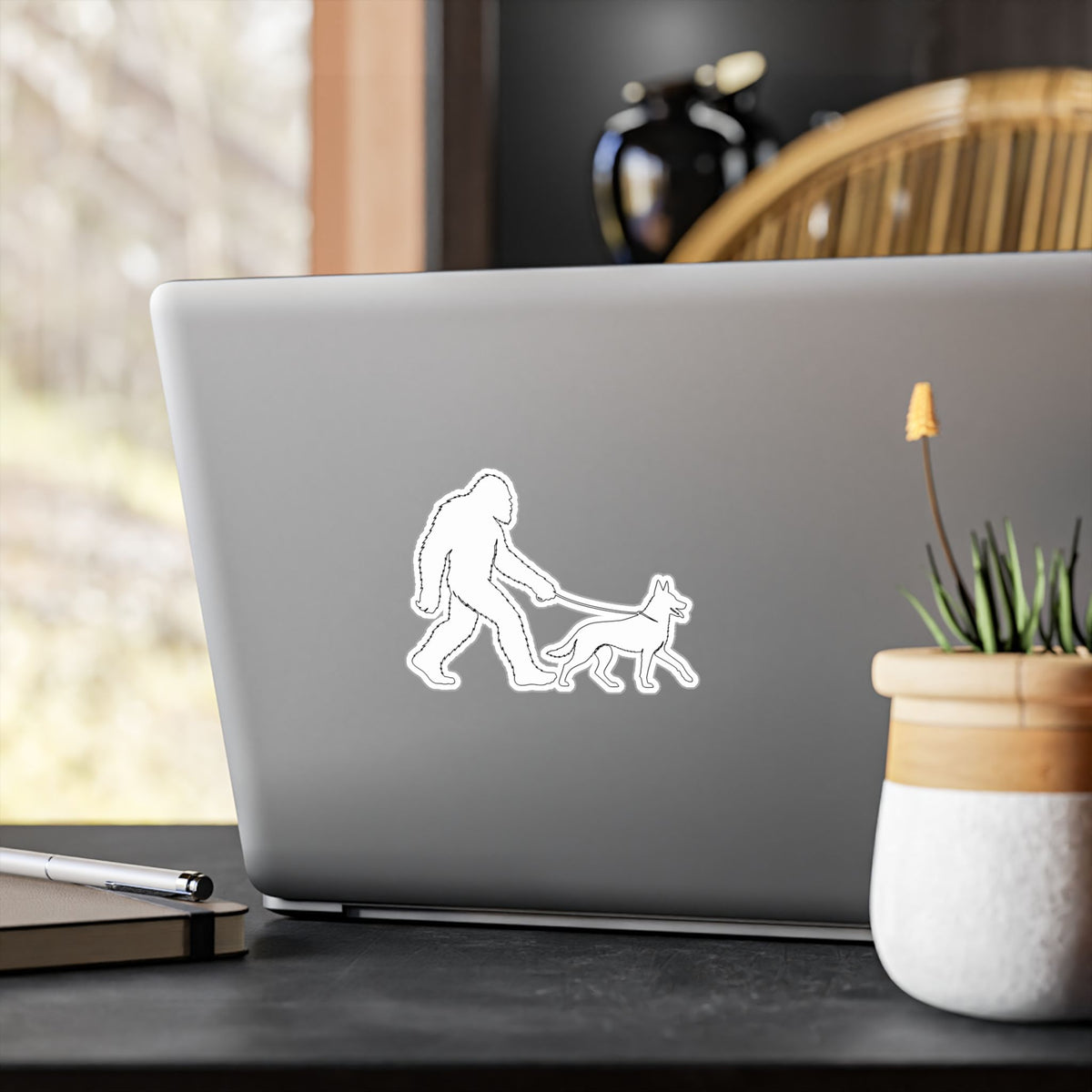 Bigfoot Walking Malinois Dog Sticker Kiss-Cut Vinyl Decal | Sasquatch Leash Silhouette