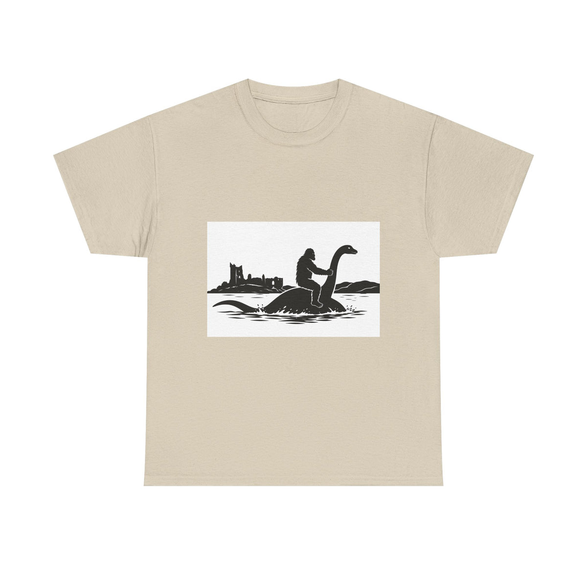 Sasquatch & Nessie Cryptid BFFs T-Shirt | Nessie Silhouette, Castle Shore Scene