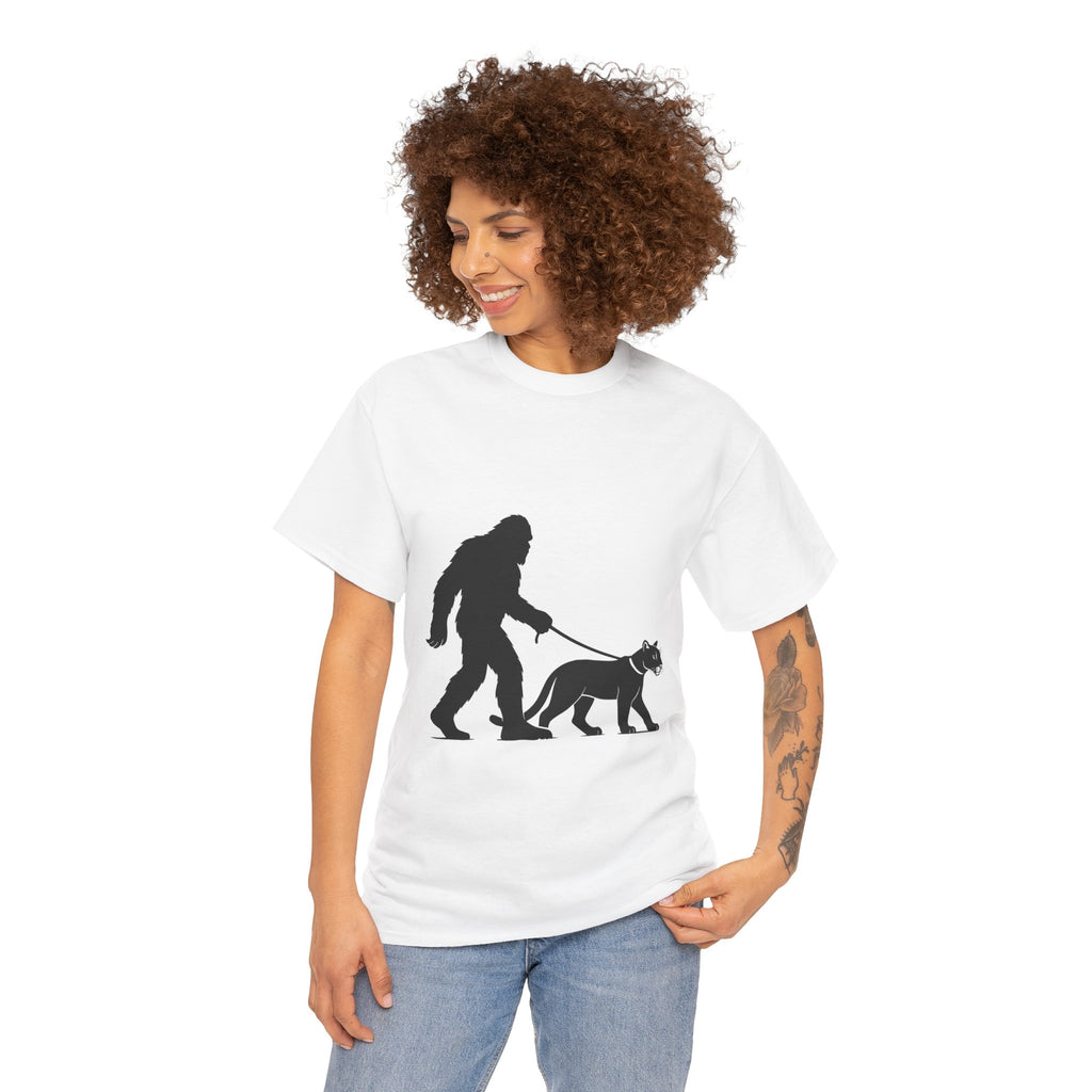 Bigfoot Walking Cougar, Outdoor Lover Gift, Funny Sasquatch Shirt, Nature Lover Apparel, Unique Graphic Tee