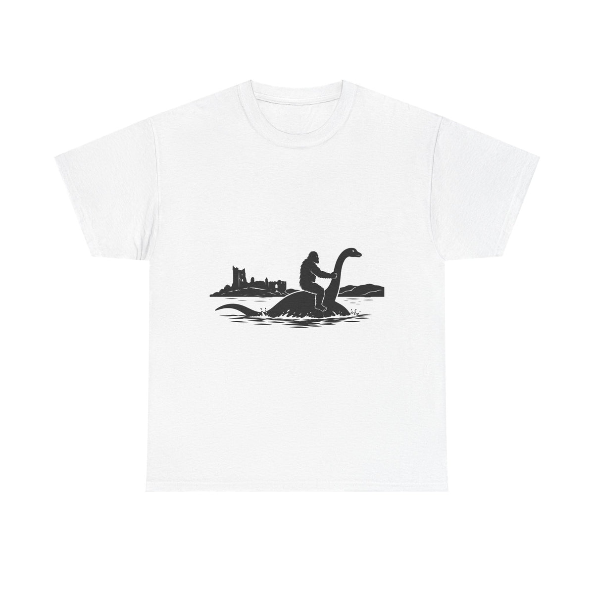 Sasquatch & Nessie Cryptid BFFs T-Shirt | Nessie Silhouette, Castle Shore Scene