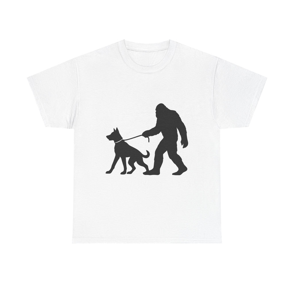 Bigfoot Walking Dog Tee | Unisex Cotton T-Shirt, Sasquatch Lover Gift, Pet Owner Shirt, Outdoor Adventure Apparel, Funny Animal Tee