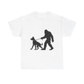 Bigfoot Walking Dog Tee | Unisex Cotton T-Shirt, Sasquatch Lover Gift, Pet Owner Shirt, Outdoor Adventure Apparel, Funny Animal Tee