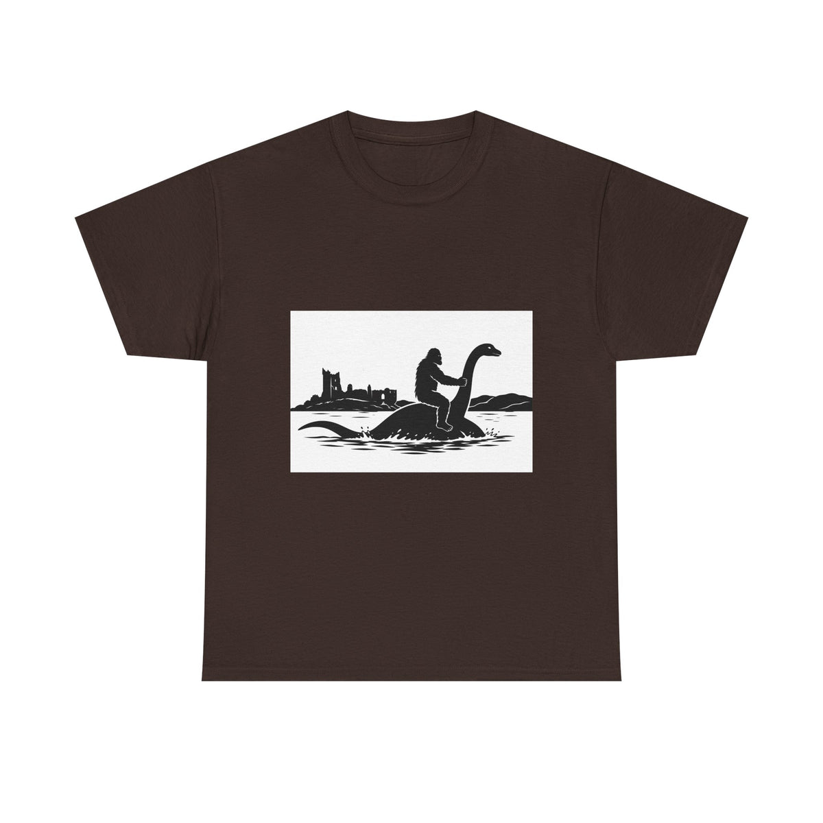 Sasquatch & Nessie Cryptid BFFs T-Shirt | Nessie Silhouette, Castle Shore Scene
