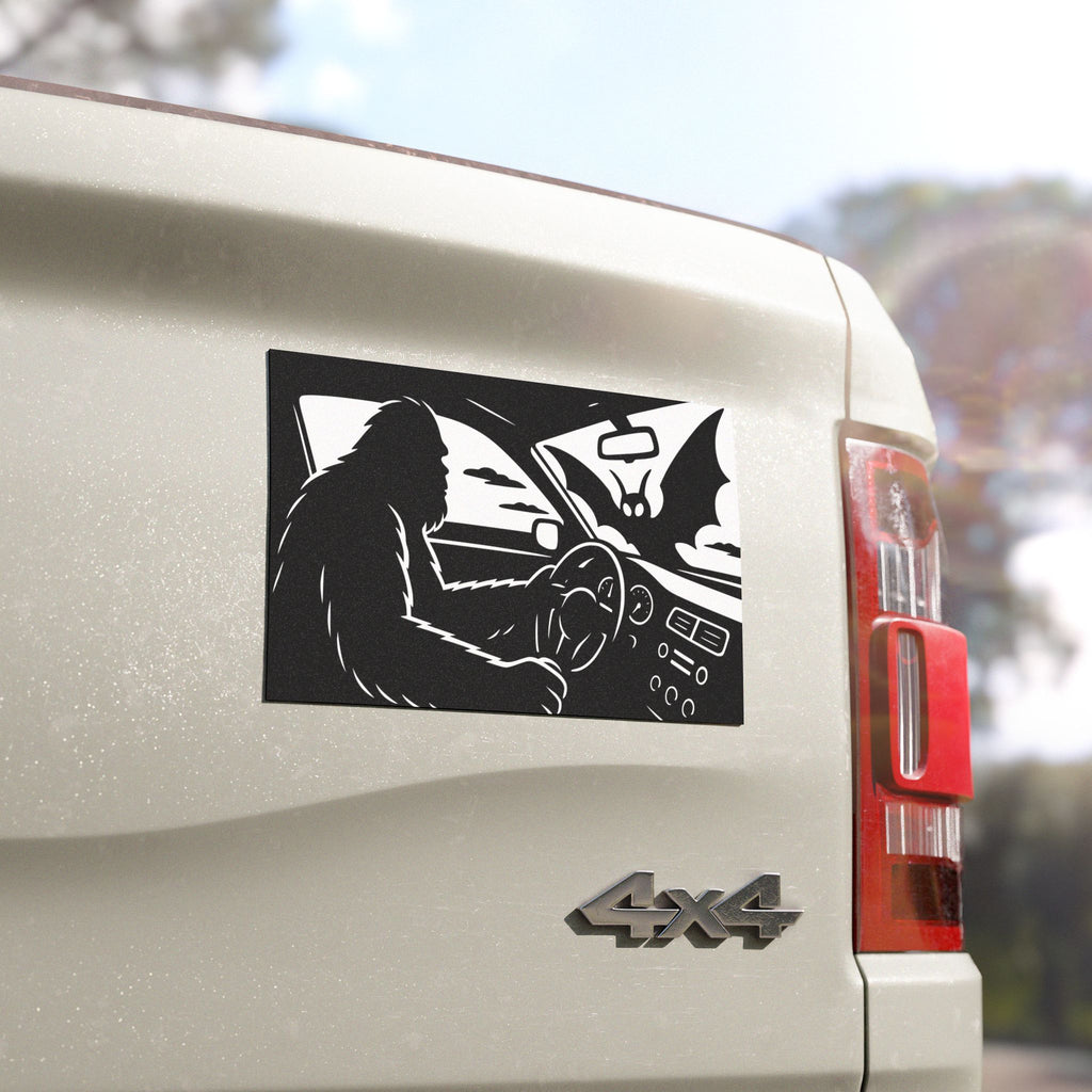 Bigfoot Mothman Driving Encounter Car Magnet, Sasquatch Mothman Decor for Vehicles, Unique Auto Accessories, Halloween Gift, Cryptid Lovers
