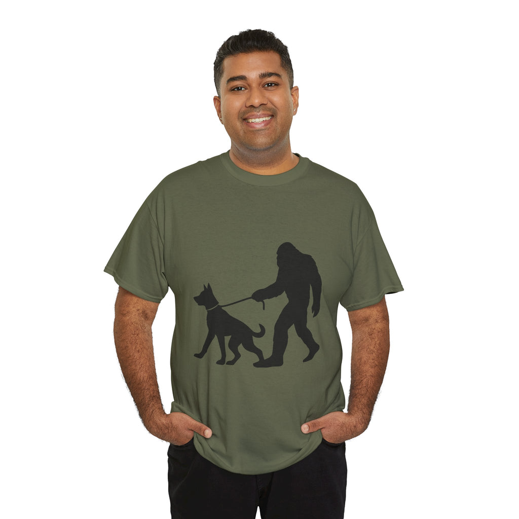 Bigfoot Walking Dog Tee | Unisex Cotton T-Shirt, Sasquatch Lover Gift, Pet Owner Shirt, Outdoor Adventure Apparel, Funny Animal Tee