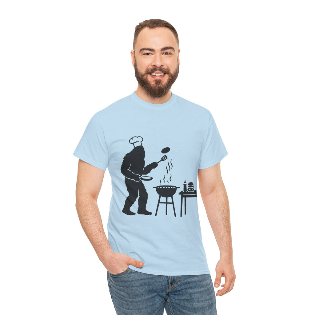 Chef Bigfoot Burger Cooking Tee - Fun Unisex Heavy Cotton T-Shirt, Gift for Foodies