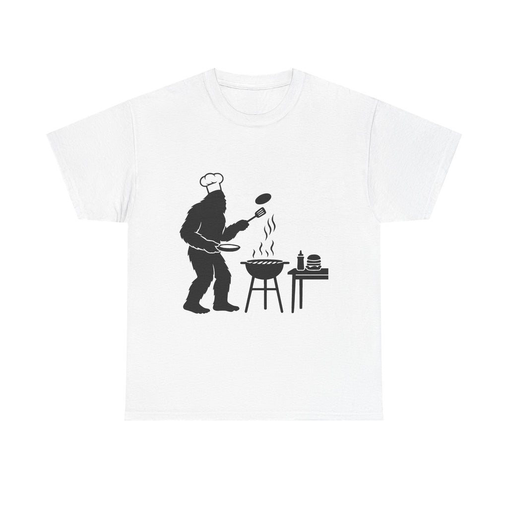 Chef Bigfoot Burger Cooking Tee - Fun Unisex Heavy Cotton T-Shirt, Gift for Foodies