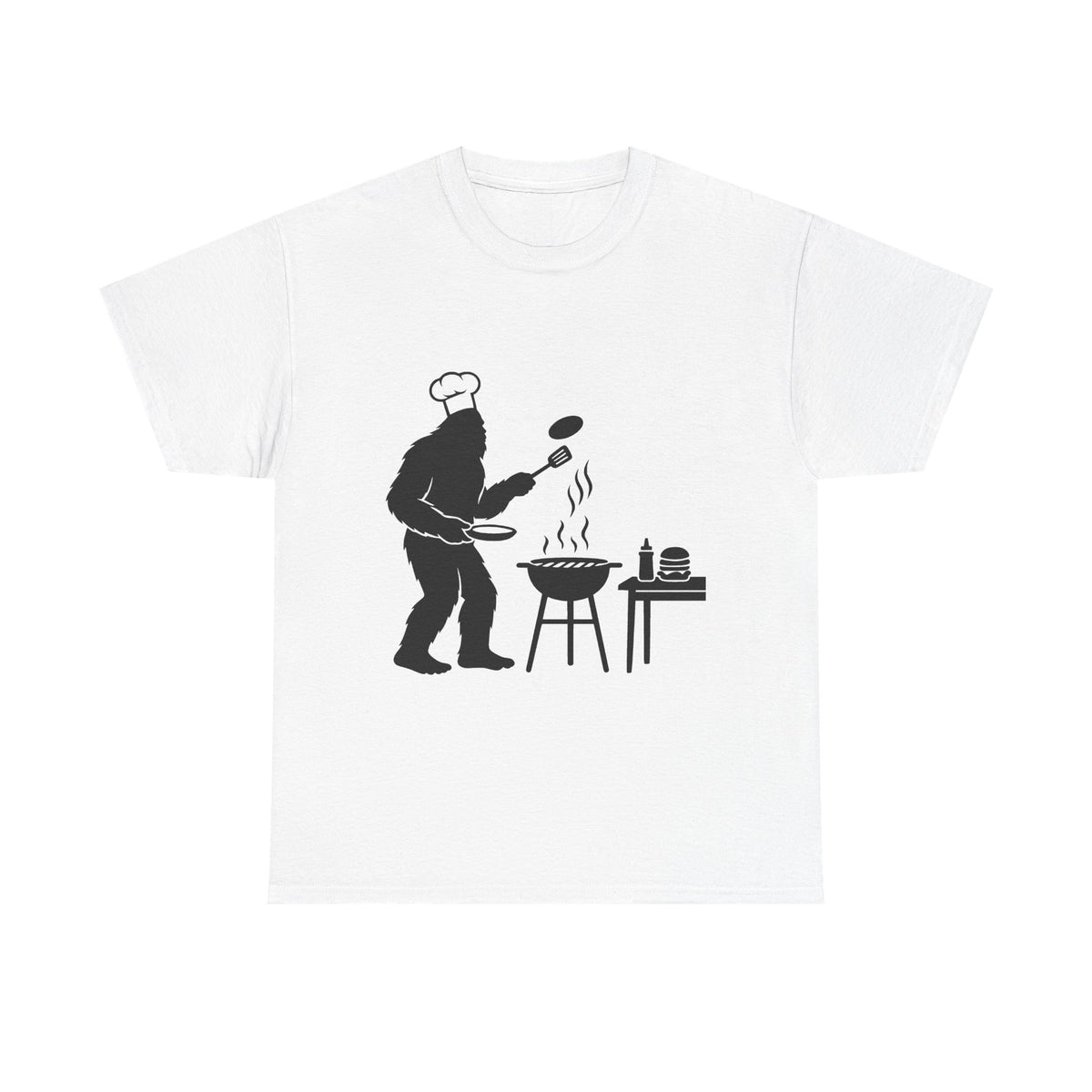 Chef Bigfoot Burger Cooking Tee - Fun Unisex Heavy Cotton T-Shirt, Gift for Foodies