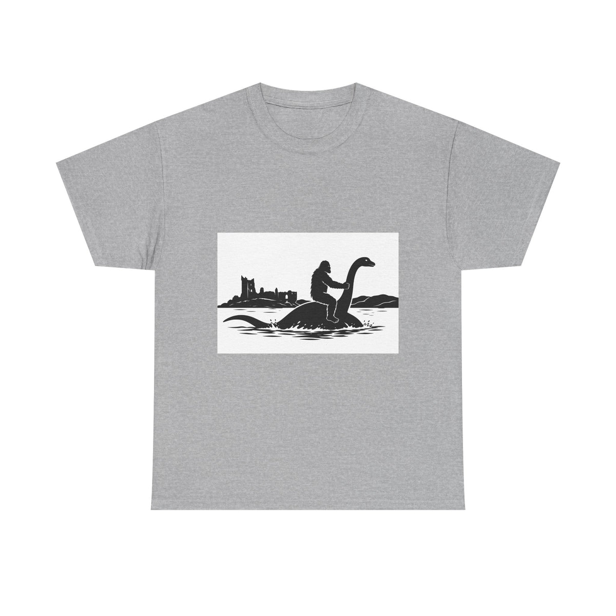 Sasquatch & Nessie Cryptid BFFs T-Shirt | Nessie Silhouette, Castle Shore Scene