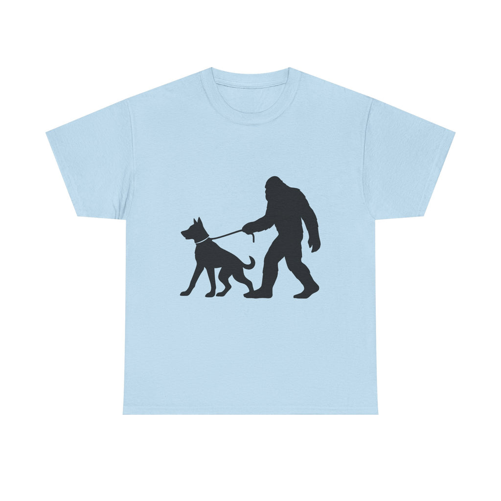 Bigfoot Walking Dog Tee | Unisex Cotton T-Shirt, Sasquatch Lover Gift, Pet Owner Shirt, Outdoor Adventure Apparel, Funny Animal Tee