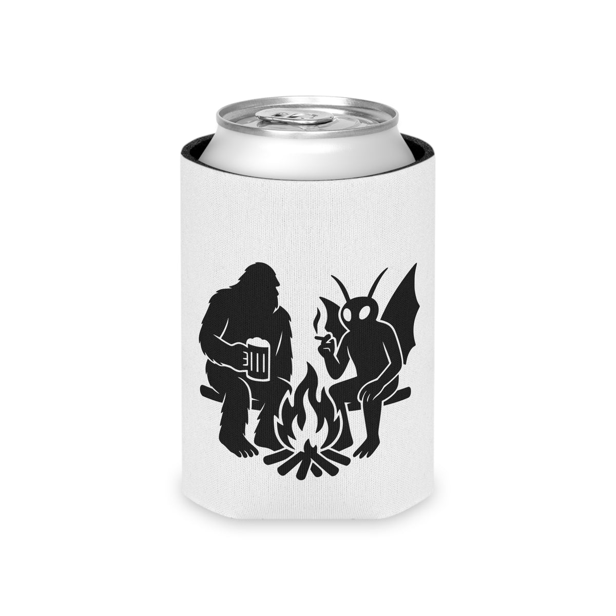 Cryptid Can Cooler - Bigfoot & Mothman Coozie - Sasquatch Beer Sleeve - Funny Cryptid Gift for Campfire or BBQ