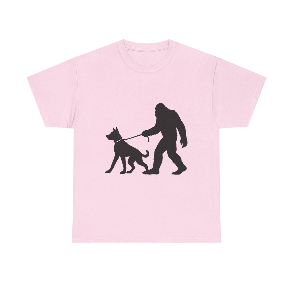Bigfoot Walking Dog Tee | Unisex Cotton T-Shirt, Sasquatch Lover Gift, Pet Owner Shirt, Outdoor Adventure Apparel, Funny Animal Tee
