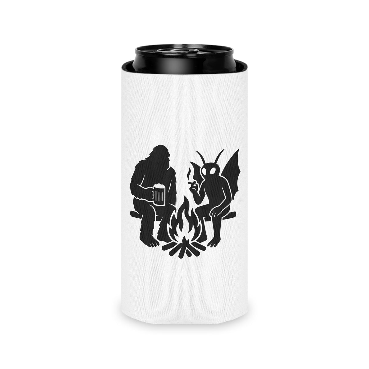 Cryptid Can Cooler - Bigfoot & Mothman Coozie - Sasquatch Beer Sleeve - Funny Cryptid Gift for Campfire or BBQ