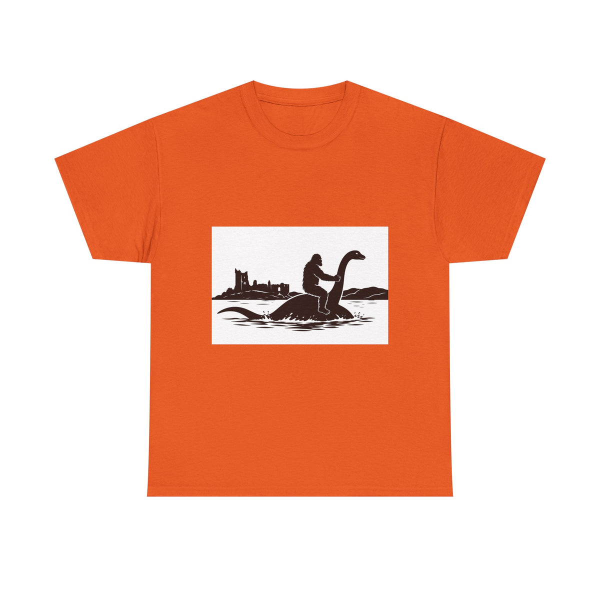 Sasquatch & Nessie Cryptid BFFs T-Shirt | Nessie Silhouette, Castle Shore Scene