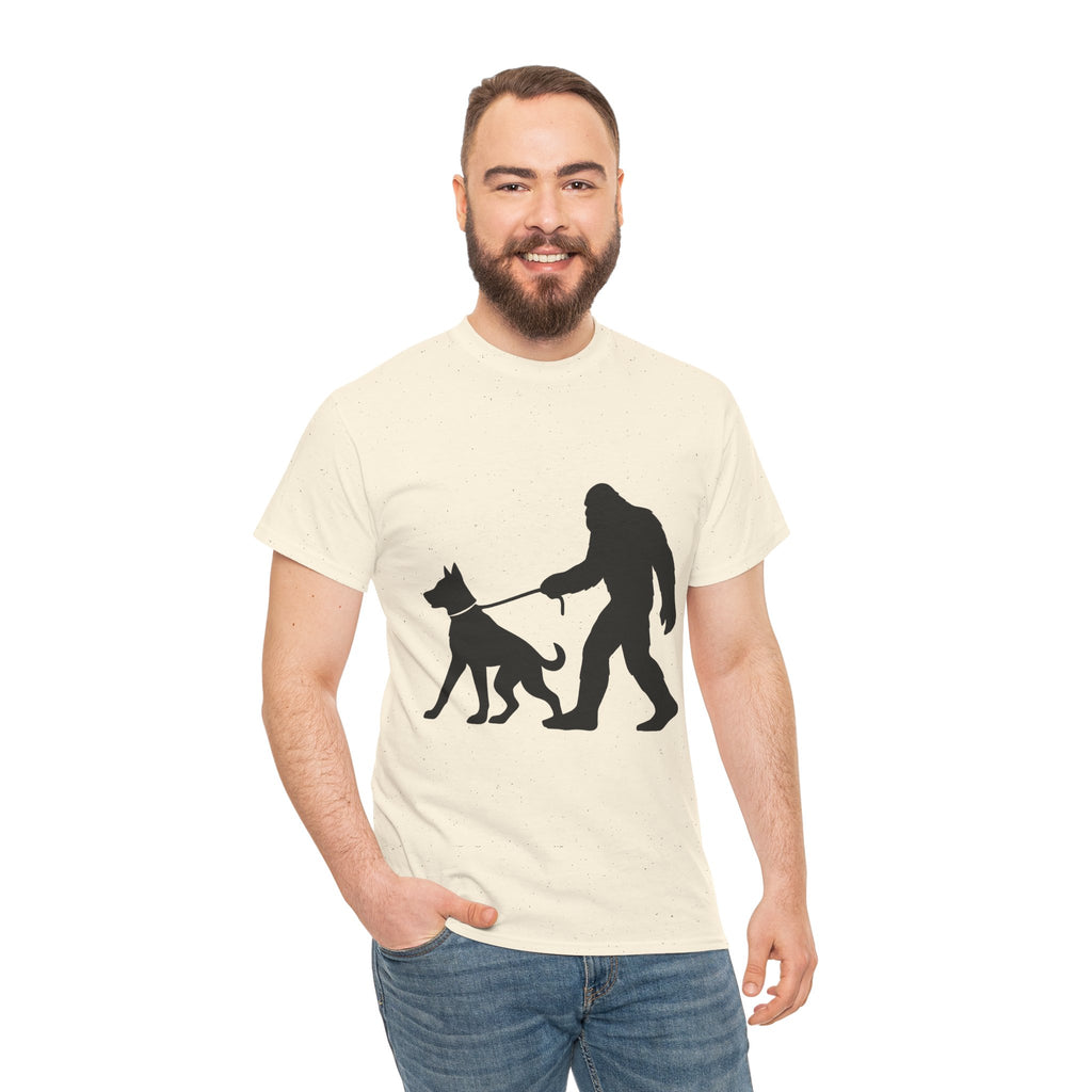 Bigfoot Walking Dog Tee | Unisex Cotton T-Shirt, Sasquatch Lover Gift, Pet Owner Shirt, Outdoor Adventure Apparel, Funny Animal Tee