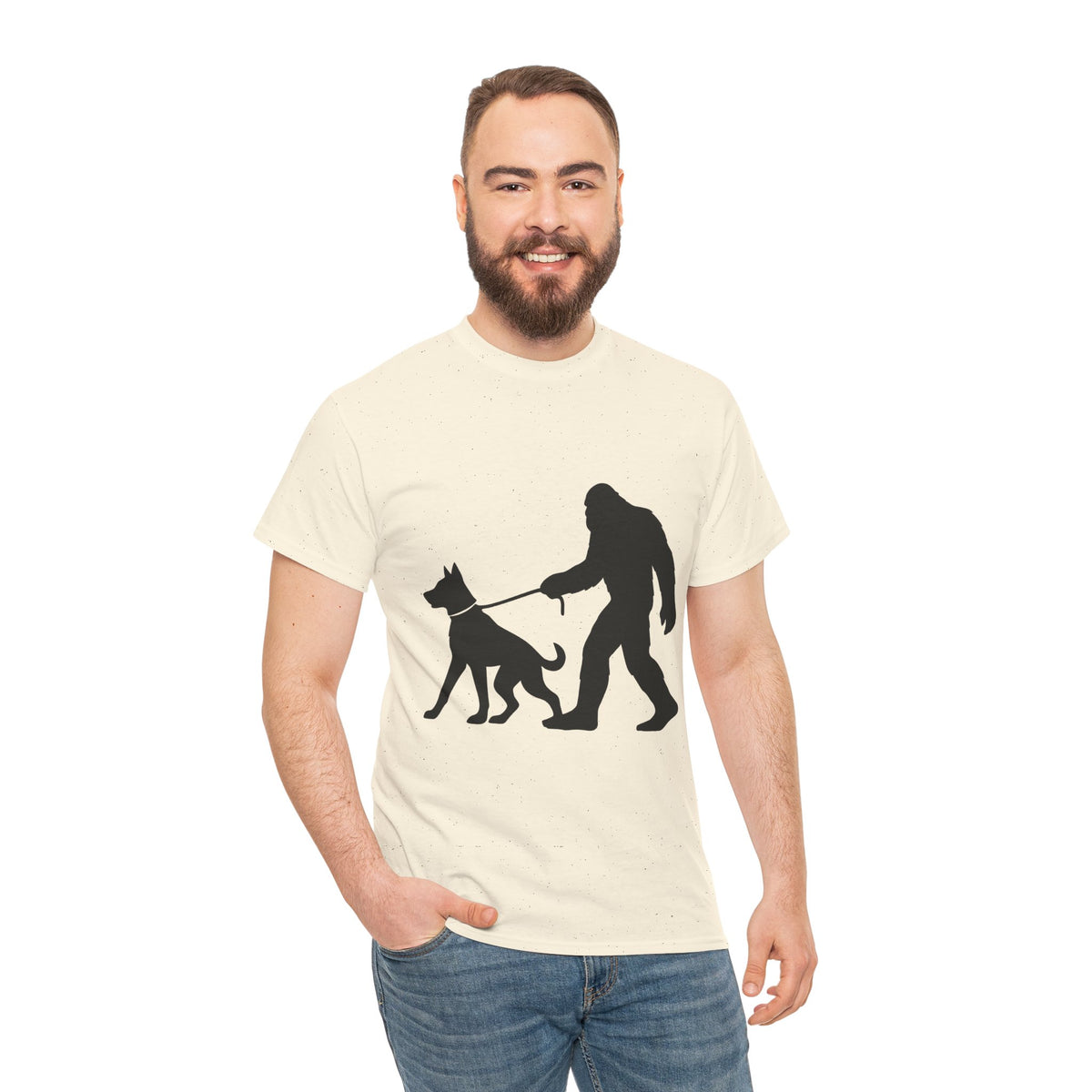 Bigfoot Walking Dog Tee | Unisex Cotton T-Shirt, Sasquatch Lover Gift, Pet Owner Shirt, Outdoor Adventure Apparel, Funny Animal Tee