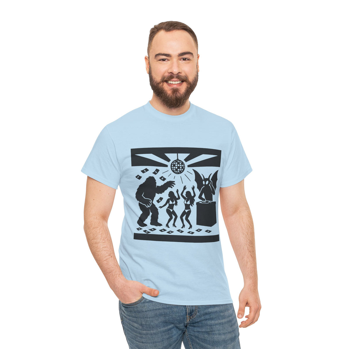Bigfoot and Mothman Partying Unisex Heavy Cotton Tee - Cryptid Lovers Gift