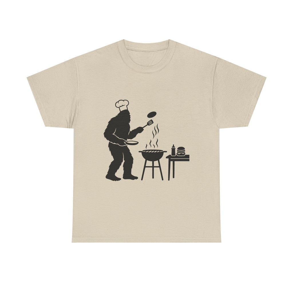 Chef Bigfoot Burger Cooking Tee - Fun Unisex Heavy Cotton T-Shirt, Gift for Foodies