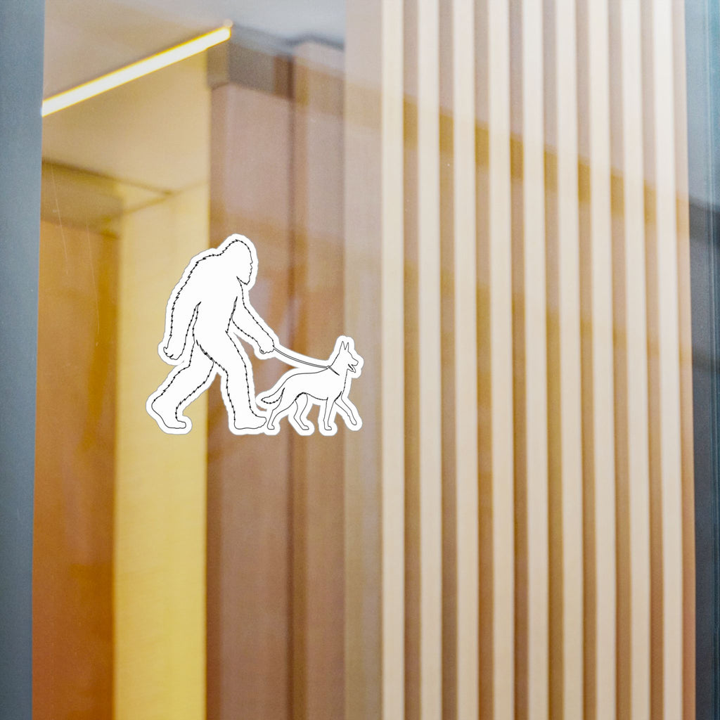 Bigfoot Walking Malinois Dog Sticker Kiss-Cut Vinyl Decal | Sasquatch Leash Silhouette