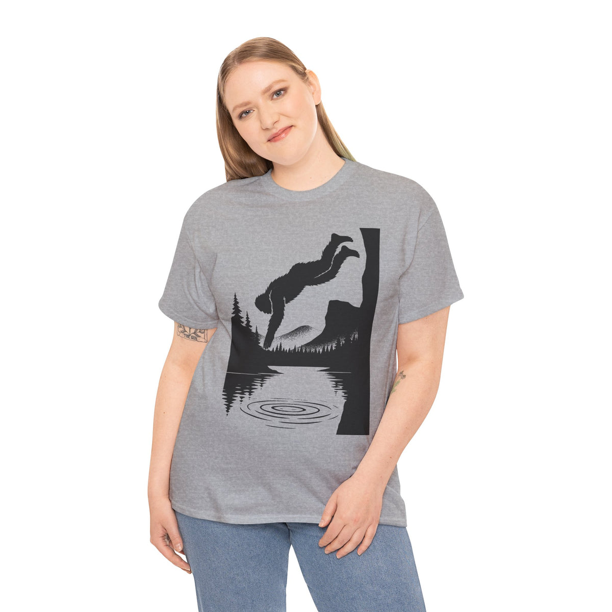 Sasquatch Cliff Dive Unisex Heavy Cotton Tee, Outdoor Apparel, Nature Lover Gift, Hiking Shirt, Lake Dive T-Shirt