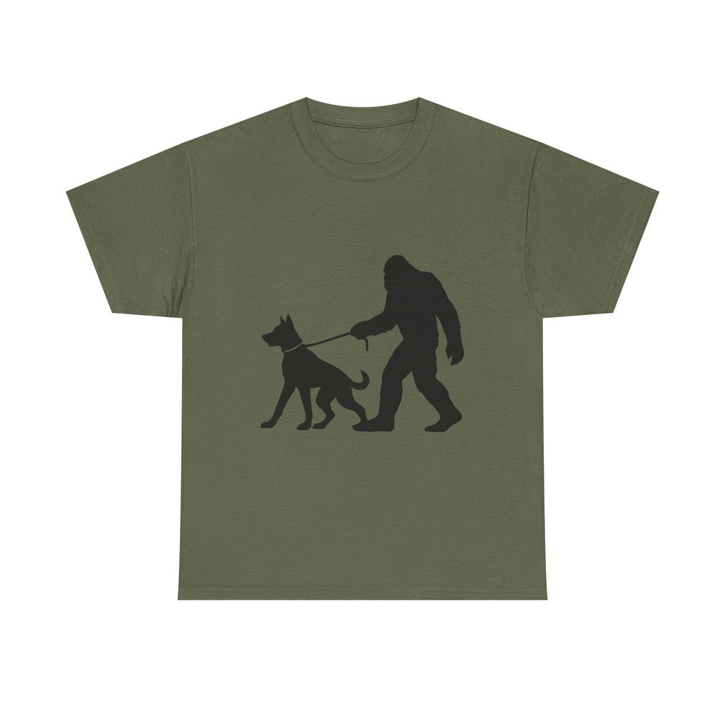 Bigfoot Walking Dog Tee | Unisex Cotton T-Shirt, Sasquatch Lover Gift, Pet Owner Shirt, Outdoor Adventure Apparel, Funny Animal Tee