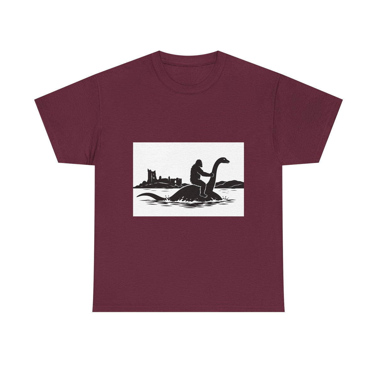 Sasquatch & Nessie Cryptid BFFs T-Shirt | Nessie Silhouette, Castle Shore Scene