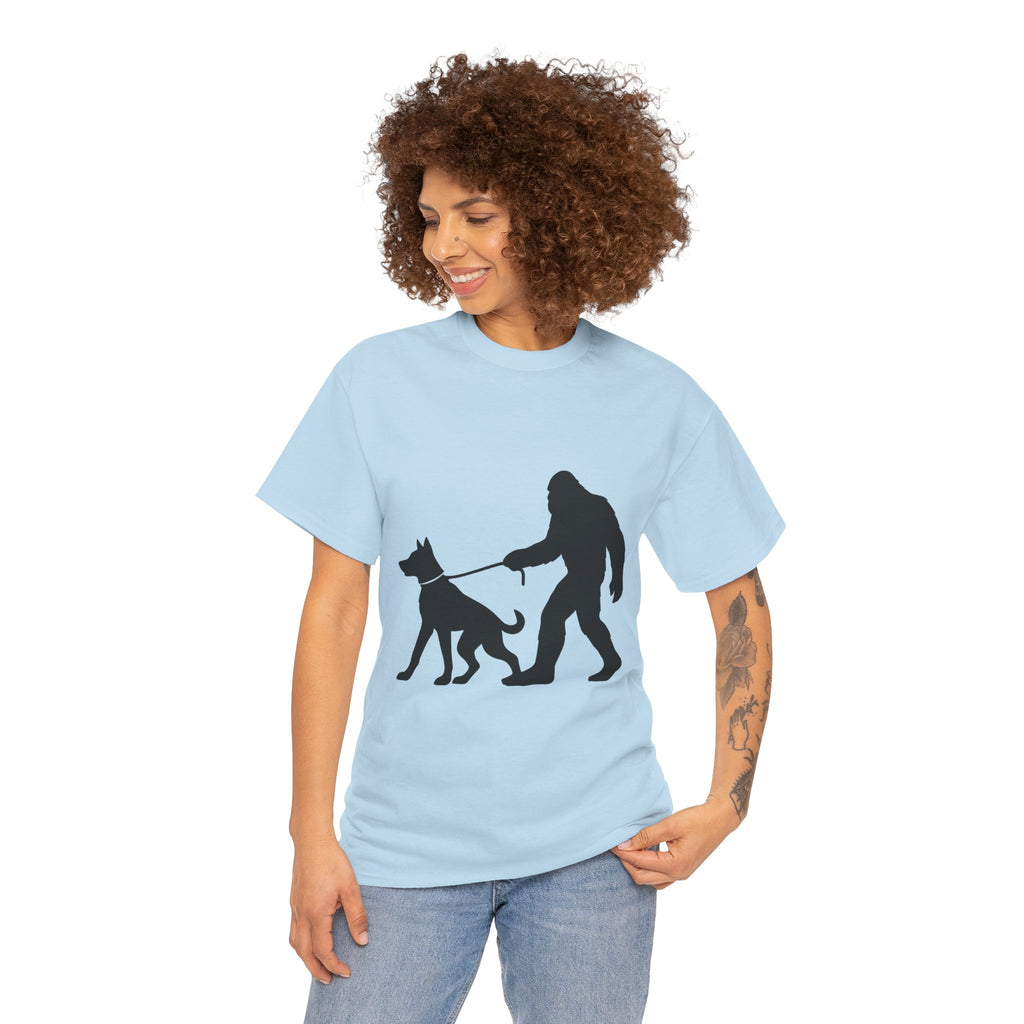 Bigfoot Walking Dog Tee | Unisex Cotton T-Shirt, Sasquatch Lover Gift, Pet Owner Shirt, Outdoor Adventure Apparel, Funny Animal Tee