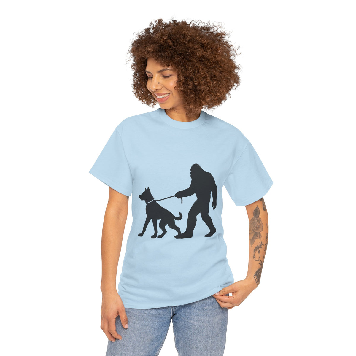Bigfoot Walking Dog Tee | Unisex Cotton T-Shirt, Sasquatch Lover Gift, Pet Owner Shirt, Outdoor Adventure Apparel, Funny Animal Tee