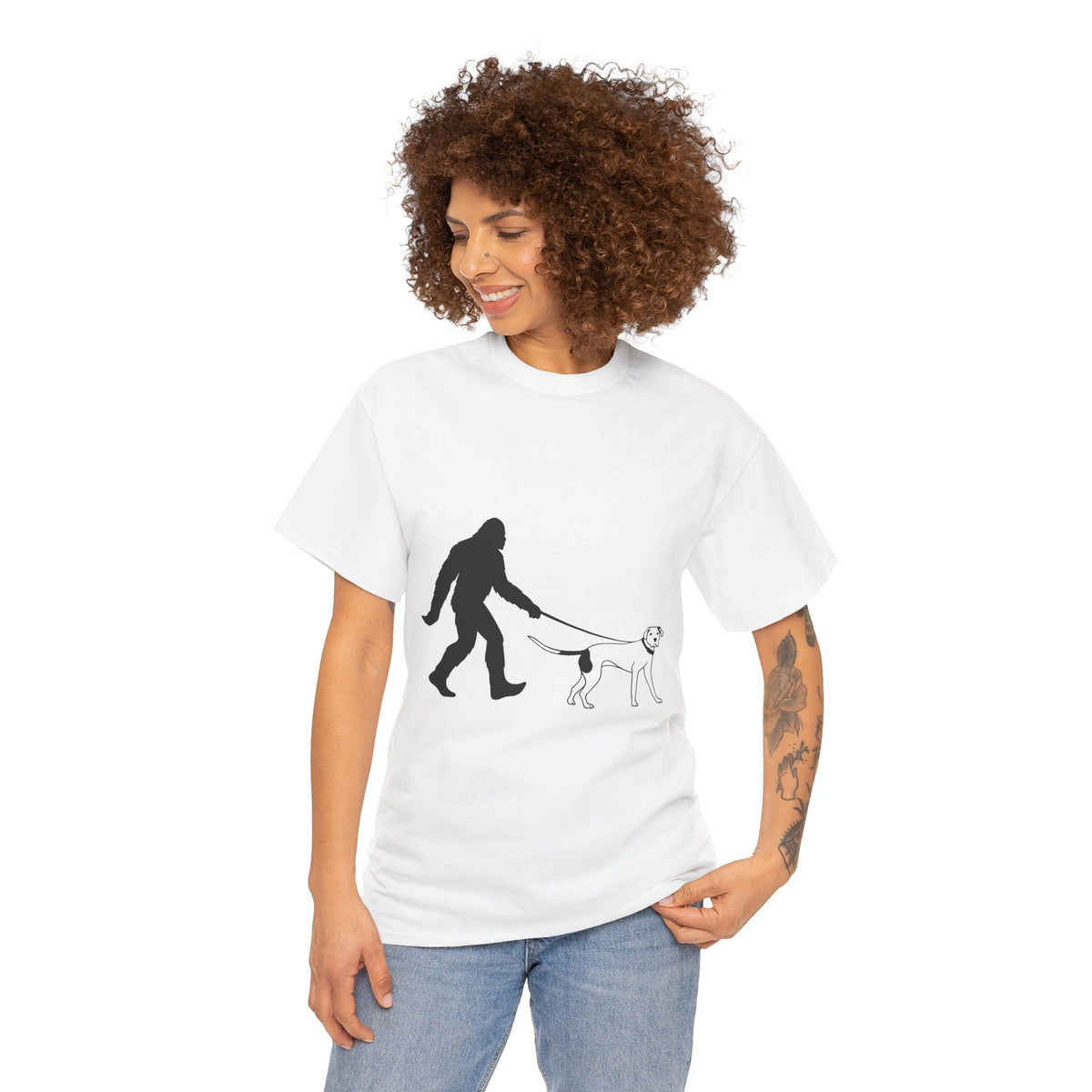 Bigfoot Walking Dog Unisex Heavy Cotton Tee, Pet Lover Shirt, Casual Wear, Gift for Dog Owners, Sasquatch Lovers