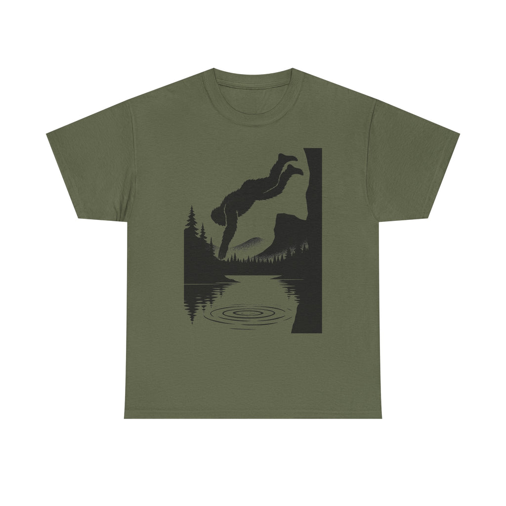 Sasquatch Cliff Dive Unisex Heavy Cotton Tee, Outdoor Apparel, Nature Lover Gift, Hiking Shirt, Lake Dive T-Shirt