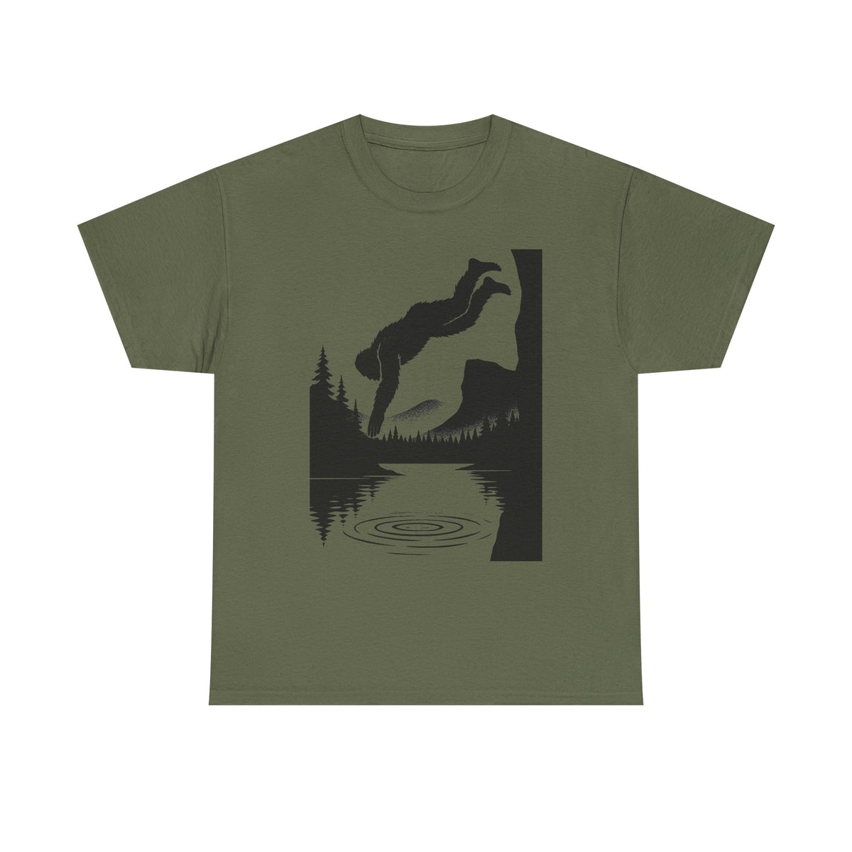 Sasquatch Cliff Dive Unisex Heavy Cotton Tee, Outdoor Apparel, Nature Lover Gift, Hiking Shirt, Lake Dive T-Shirt