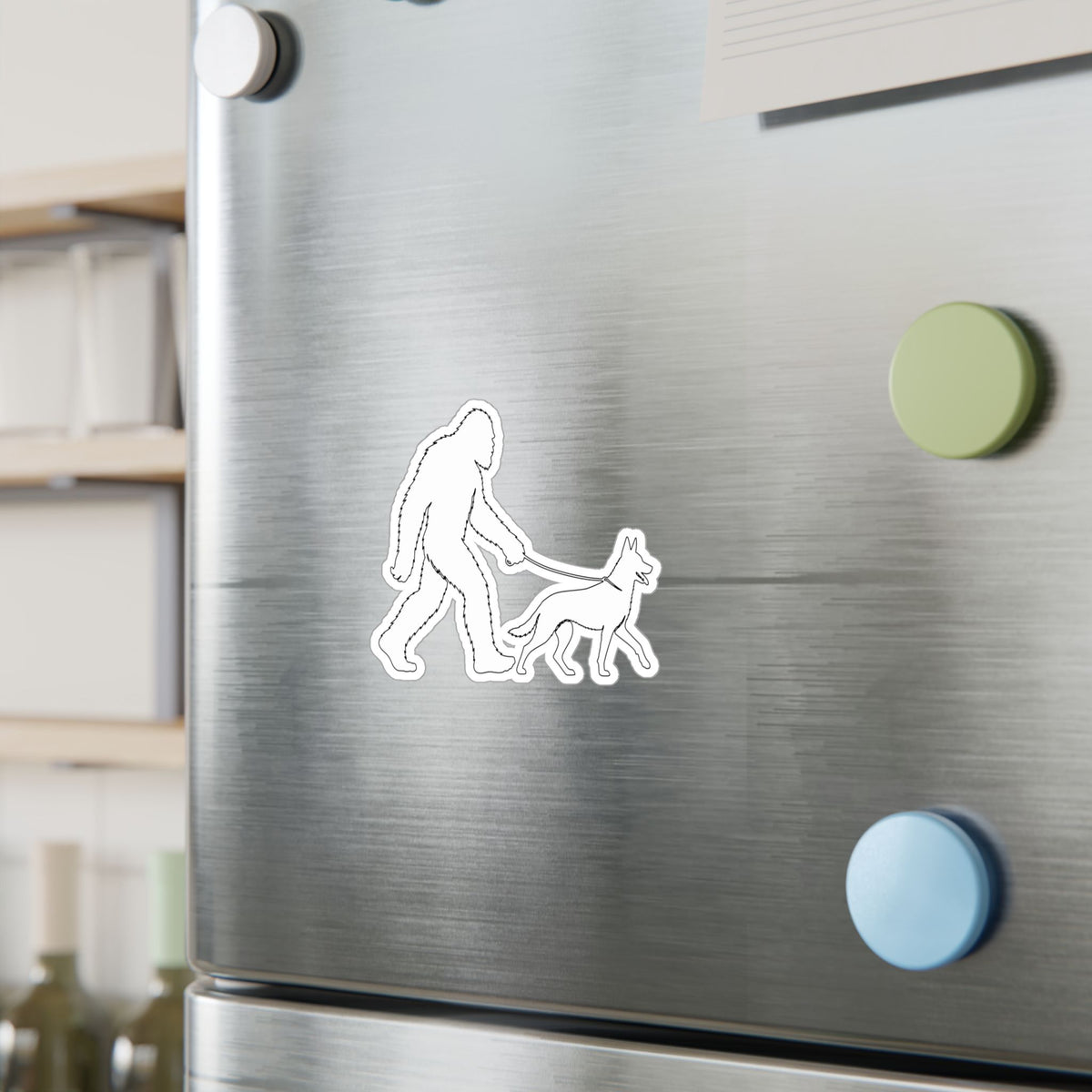 Bigfoot Walking Malinois Dog Sticker Kiss-Cut Vinyl Decal | Sasquatch Leash Silhouette
