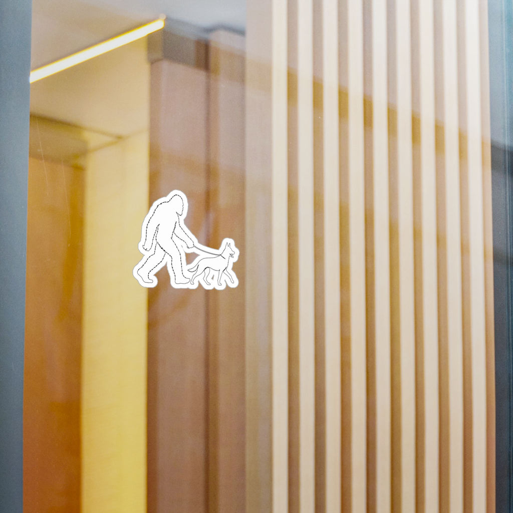 Bigfoot Walking Malinois Dog Sticker Kiss-Cut Vinyl Decal | Sasquatch Leash Silhouette