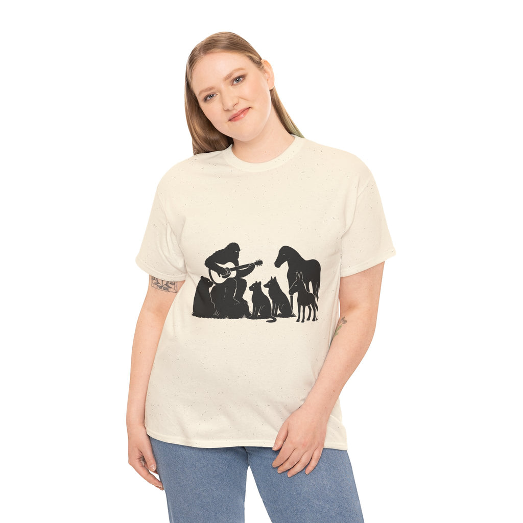 Sasquatch Serenade Tee | Animal Lover Shirt, Gift for Musicians, Pet Owner Apparel, Unisex Cotton Tee, Cryptids, Nature