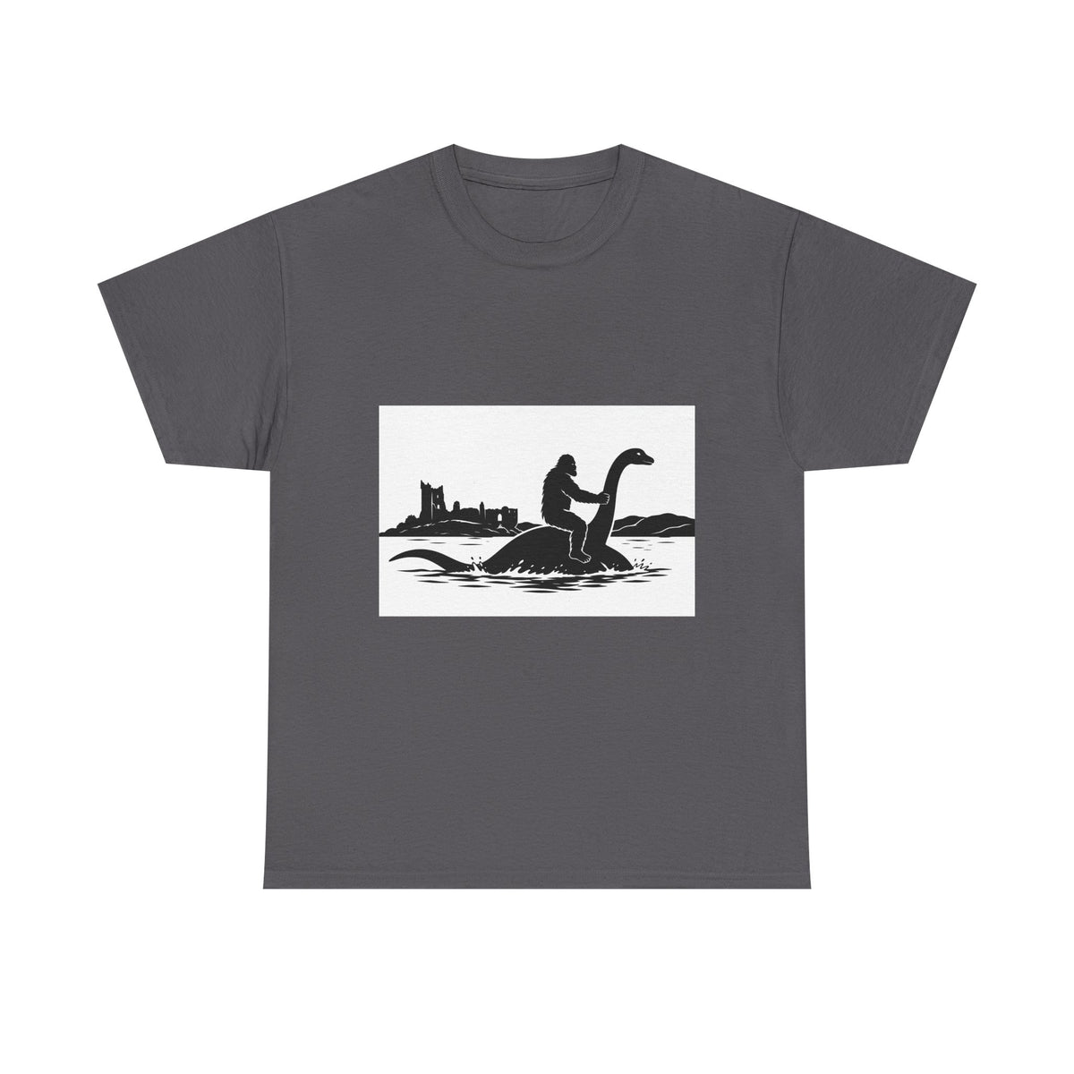Sasquatch & Nessie Cryptid BFFs T-Shirt | Nessie Silhouette, Castle Shore Scene