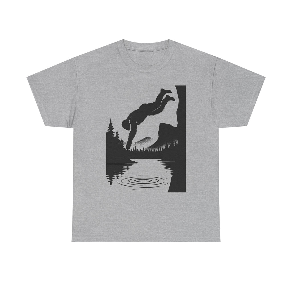 Sasquatch Cliff Dive Unisex Heavy Cotton Tee, Outdoor Apparel, Nature Lover Gift, Hiking Shirt, Lake Dive T-Shirt