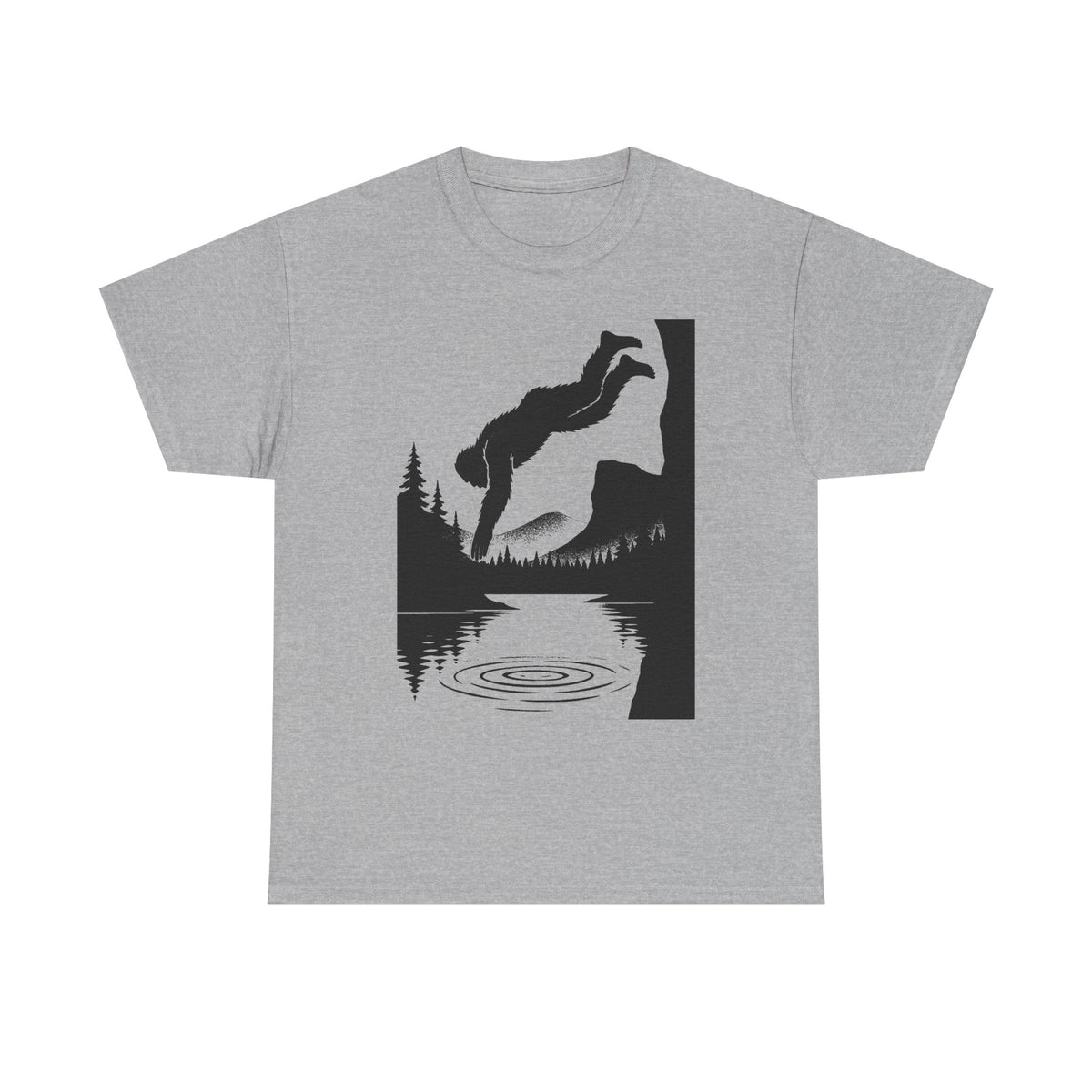 Sasquatch Cliff Dive Unisex Heavy Cotton Tee, Outdoor Apparel, Nature Lover Gift, Hiking Shirt, Lake Dive T-Shirt