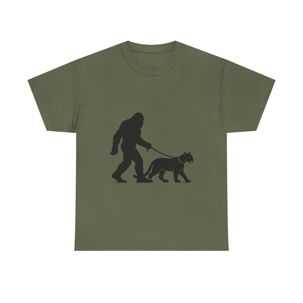 Bigfoot Walking Cougar, Outdoor Lover Gift, Funny Sasquatch Shirt, Nature Lover Apparel, Unique Graphic Tee