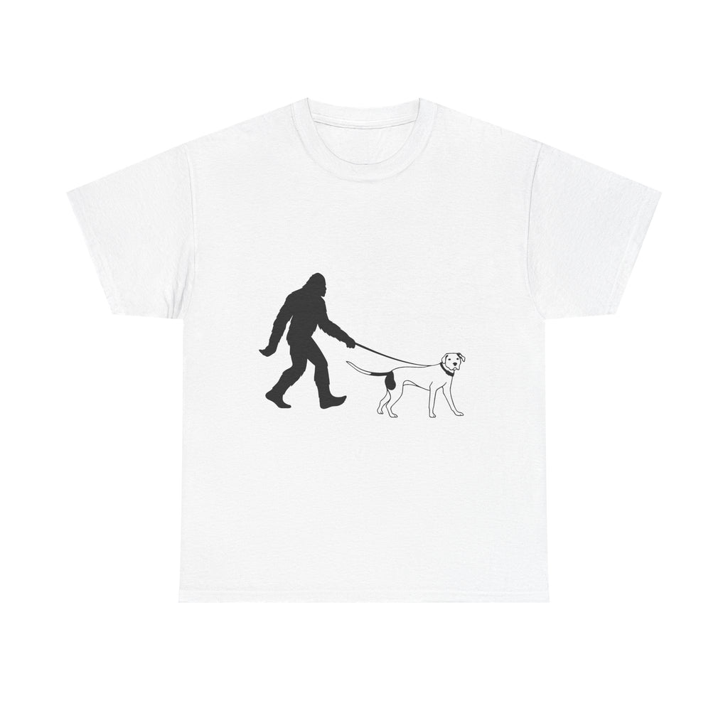 Bigfoot Walking Dog Unisex Heavy Cotton Tee, Pet Lover Shirt, Casual Wear, Gift for Dog Owners, Sasquatch Lovers