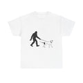 Bigfoot Walking Dog Unisex Heavy Cotton Tee, Pet Lover Shirt, Casual Wear, Gift for Dog Owners, Sasquatch Lovers
