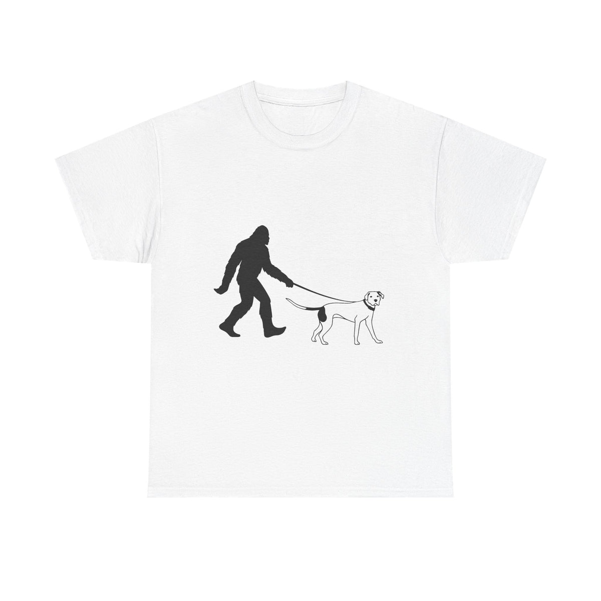 Bigfoot Walking Dog Unisex Heavy Cotton Tee, Pet Lover Shirt, Casual Wear, Gift for Dog Owners, Sasquatch Lovers