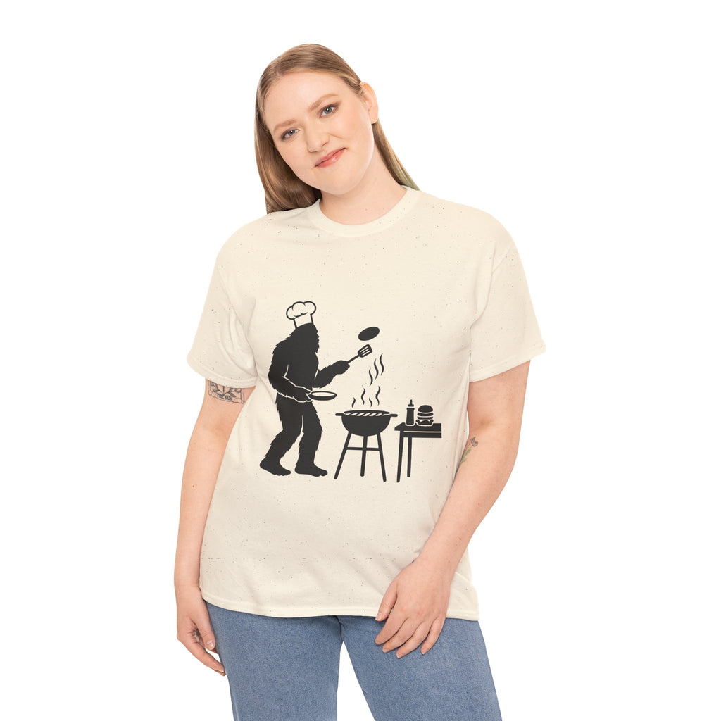 Chef Bigfoot Burger Cooking Tee - Fun Unisex Heavy Cotton T-Shirt, Gift for Foodies