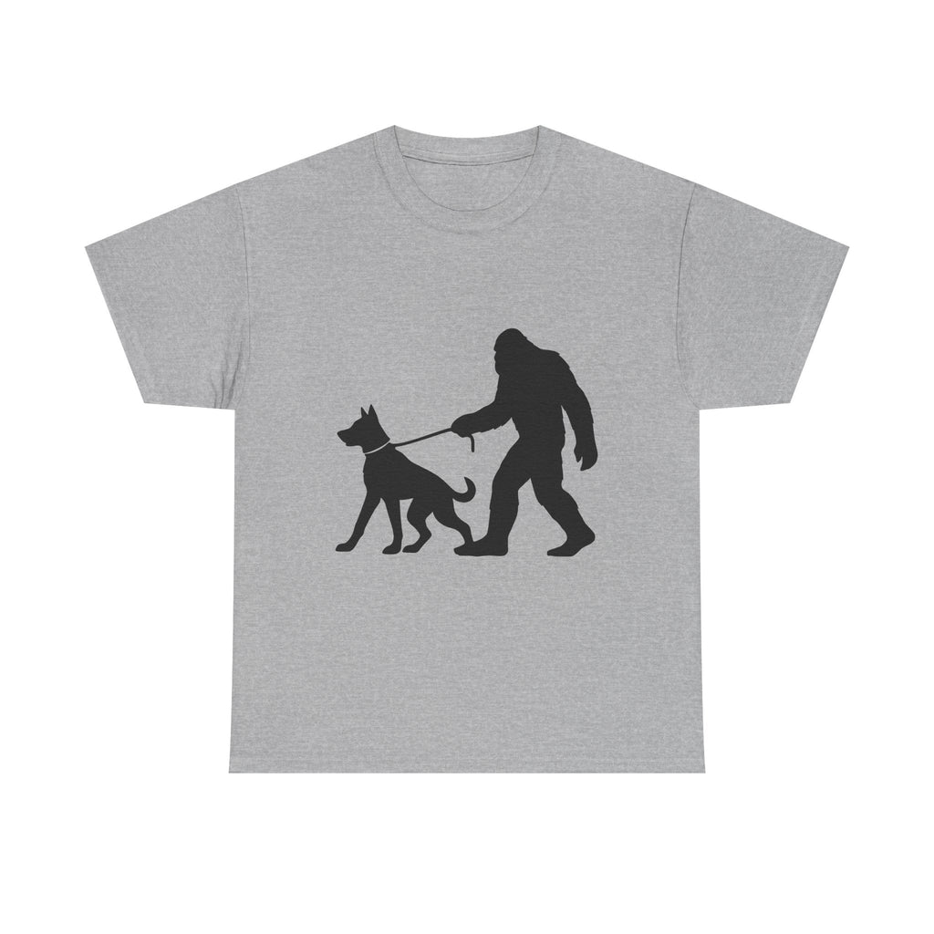 Bigfoot Walking Dog Tee | Unisex Cotton T-Shirt, Sasquatch Lover Gift, Pet Owner Shirt, Outdoor Adventure Apparel, Funny Animal Tee