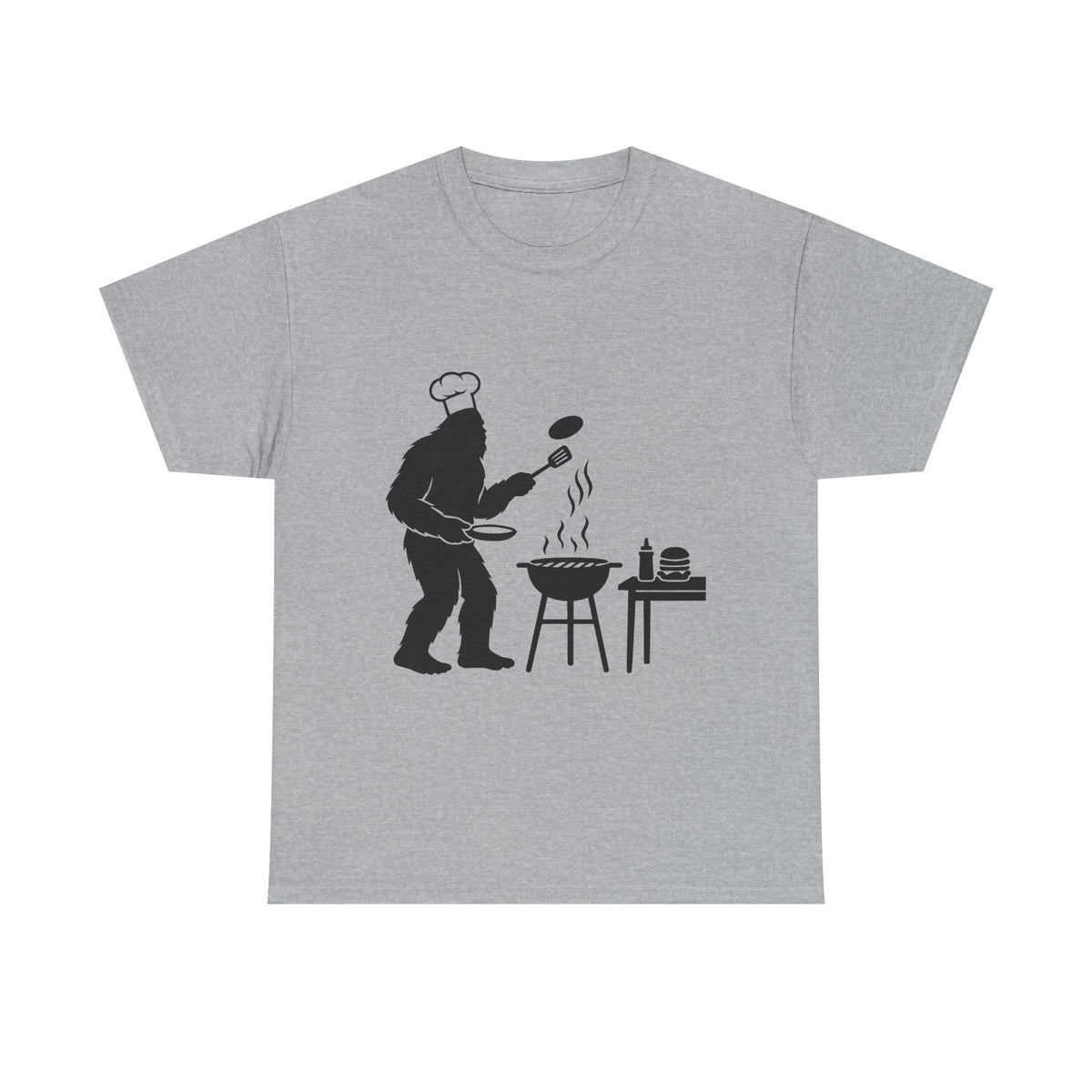 Chef Bigfoot Burger Cooking Tee - Fun Unisex Heavy Cotton T-Shirt, Gift for Foodies