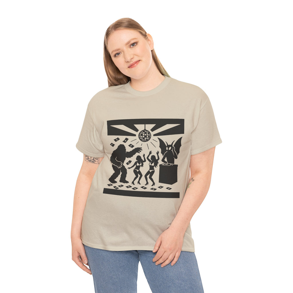 Bigfoot and Mothman Partying Unisex Heavy Cotton Tee - Cryptid Lovers Gift