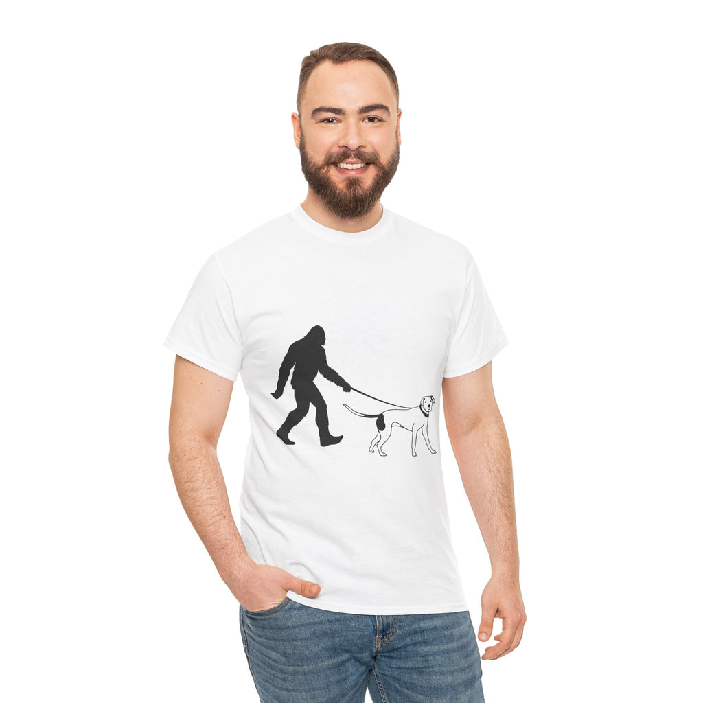 Bigfoot Walking Dog Unisex Heavy Cotton Tee, Pet Lover Shirt, Casual Wear, Gift for Dog Owners, Sasquatch Lovers