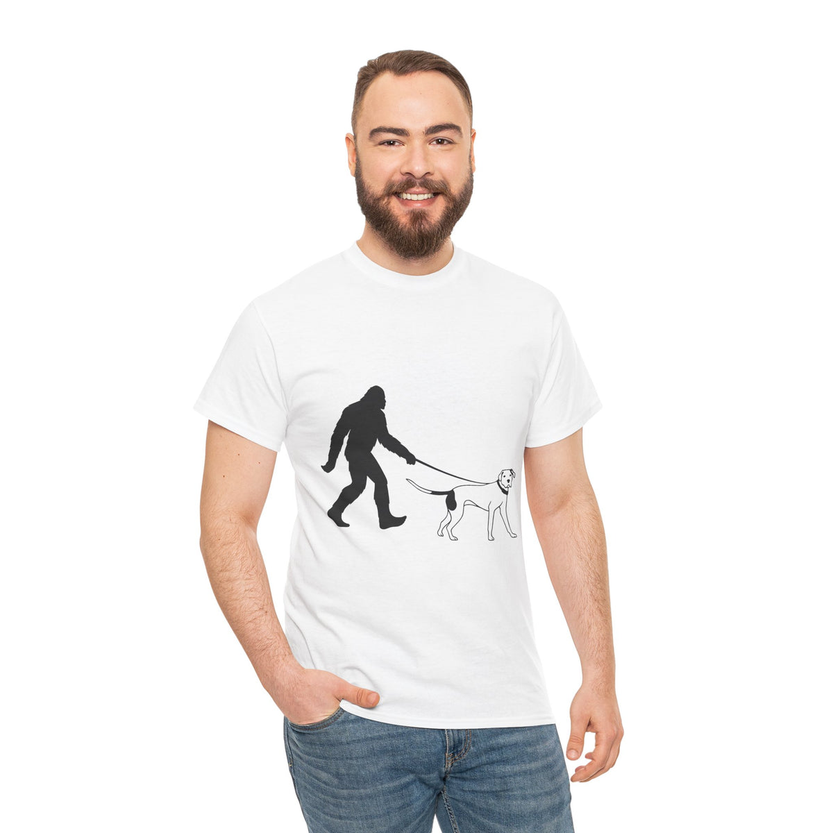 Bigfoot Walking Dog Unisex Heavy Cotton Tee, Pet Lover Shirt, Casual Wear, Gift for Dog Owners, Sasquatch Lovers