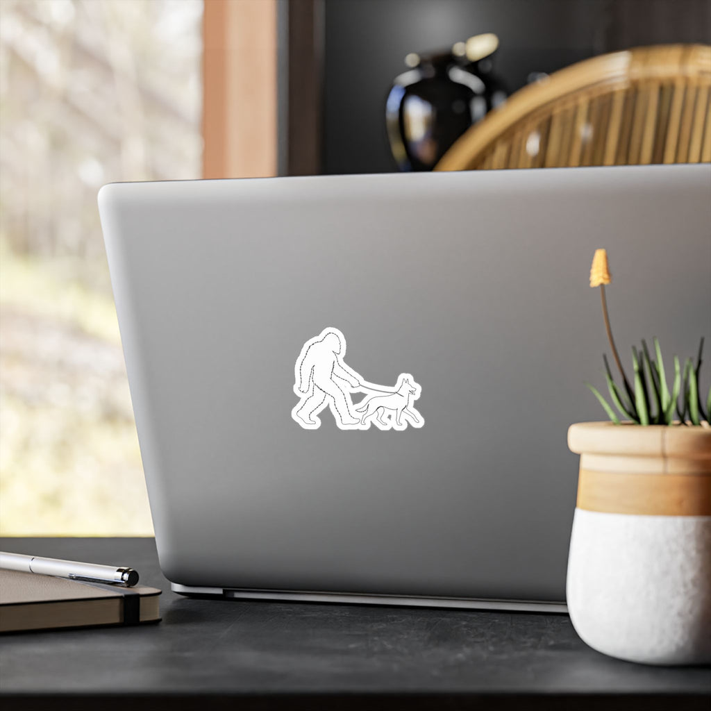 Bigfoot Walking Malinois Dog Sticker Kiss-Cut Vinyl Decal | Sasquatch Leash Silhouette