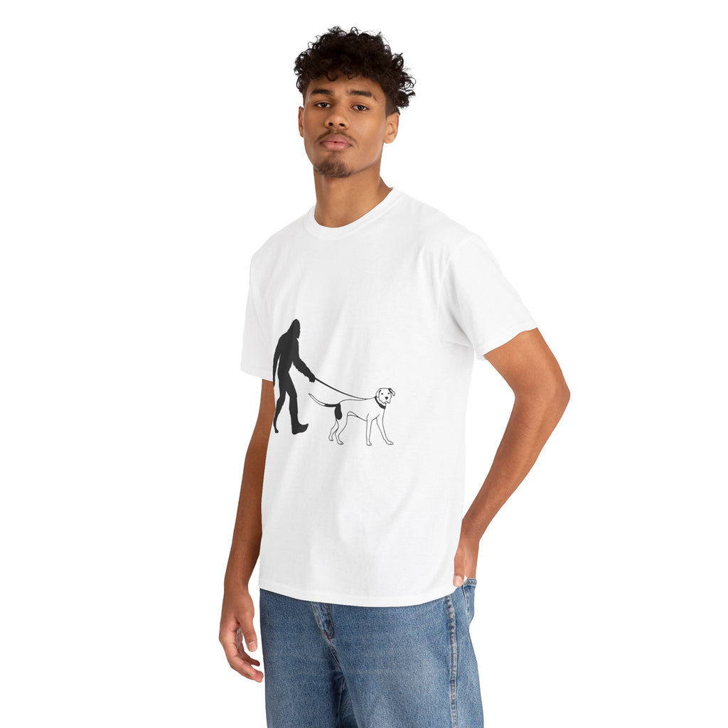 Bigfoot Walking Dog Unisex Heavy Cotton Tee, Pet Lover Shirt, Casual Wear, Gift for Dog Owners, Sasquatch Lovers