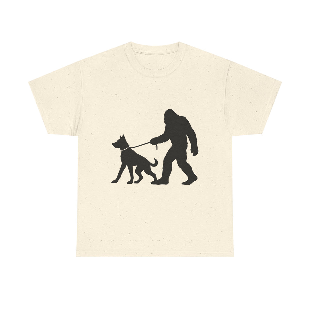 Bigfoot Walking Dog Tee | Unisex Cotton T-Shirt, Sasquatch Lover Gift, Pet Owner Shirt, Outdoor Adventure Apparel, Funny Animal Tee